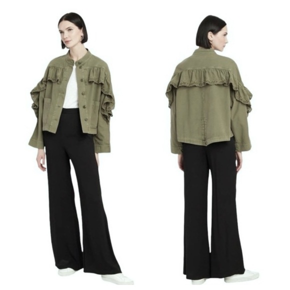 The Great eyelet army utility military jacket ruffle cropped olive green XS/0 - Picture 6 of 17